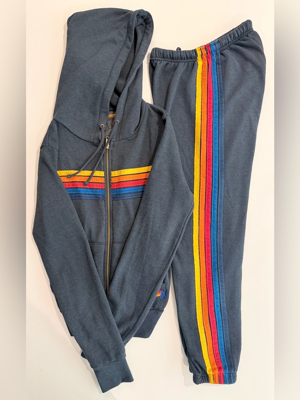 Aviator Nation 5 Stripe Rainbow Navy Charcoal Hoodie Sweatpants Set XS